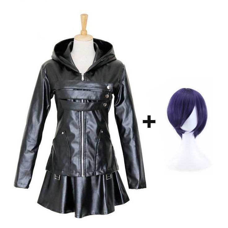 Touka Kirishima Full Set PU Leather Costume Dress With Wigs Halloween Costume Outfit Set