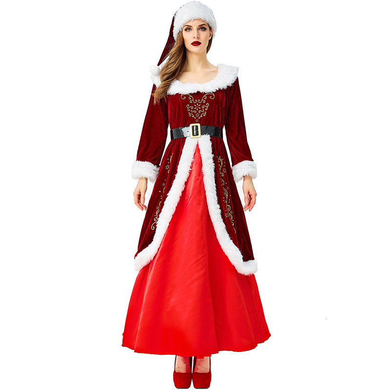 2022 New Christmas Santa Costumes Vintage Floor Length Dress with Santa Hat for Women