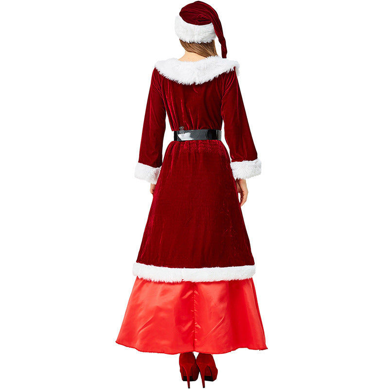 2022 New Christmas Santa Costumes Vintage Floor Length Dress with Santa Hat for Women