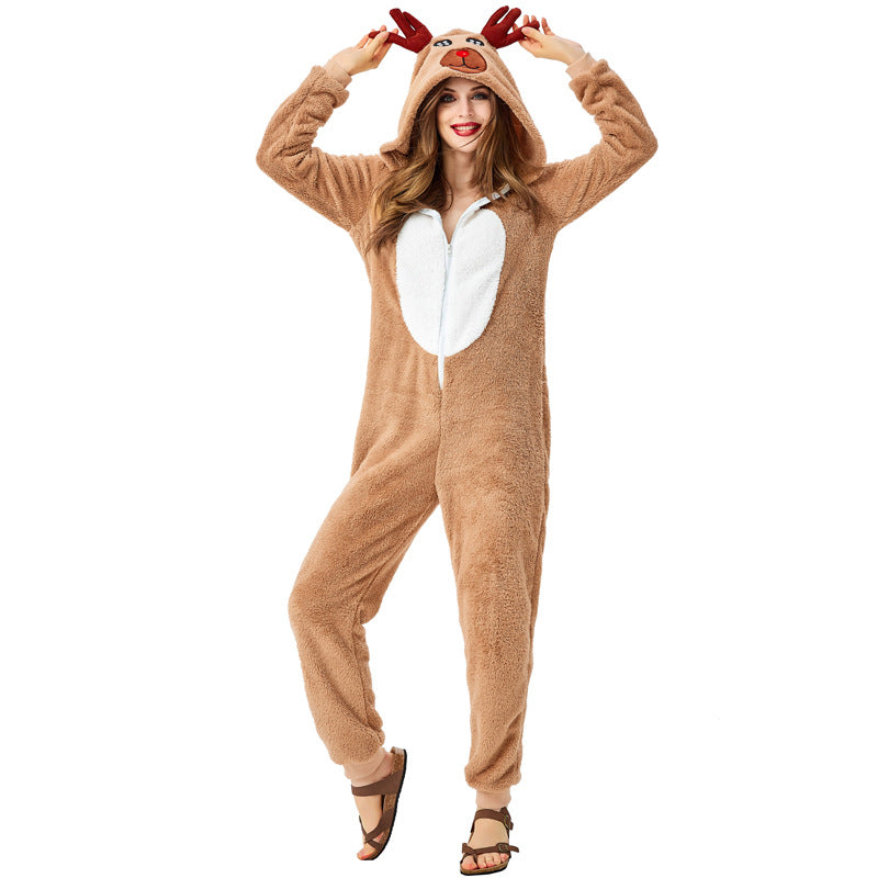 Halloween Christmas Costume Adults Christmas Reindeer Costume Jumpsuit Flannel Pajamas