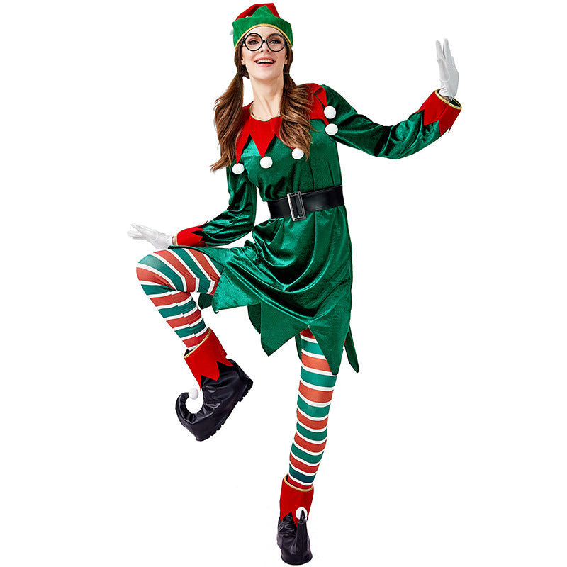 2022 New Women Christmas Green Elf Costume Dress Full Set With Hat