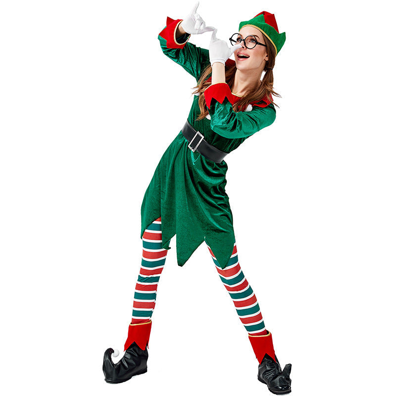 2022 New Women Christmas Green Elf Costume Dress Full Set With Hat