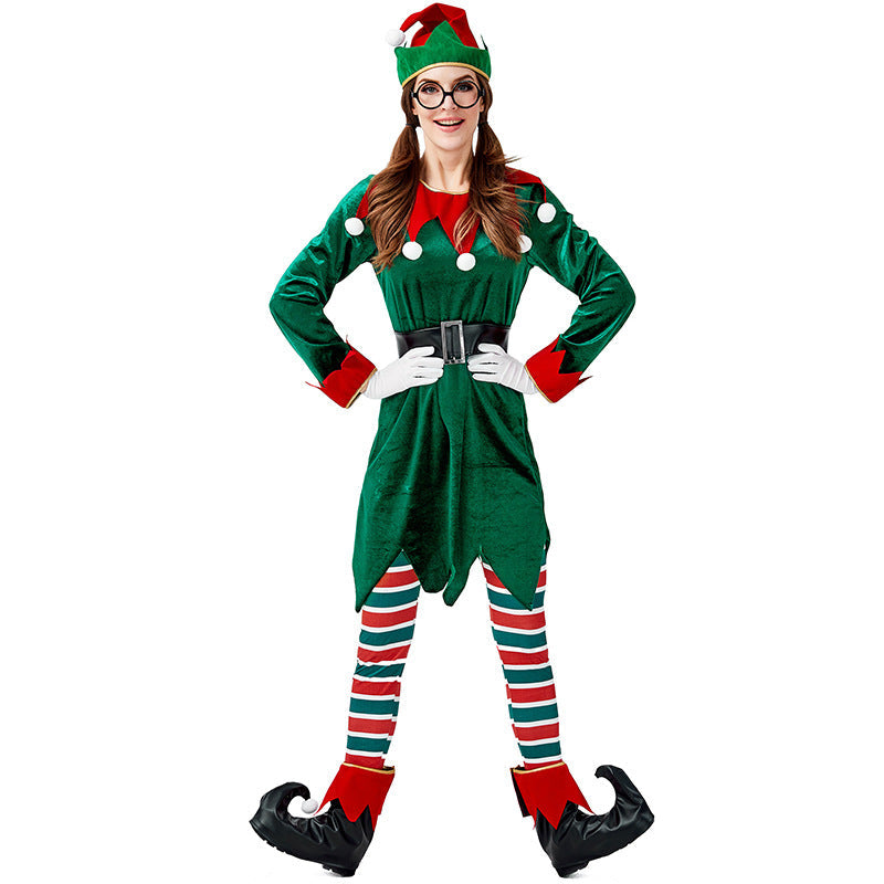 2022 New Women Christmas Green Elf Costume Dress Full Set With Hat