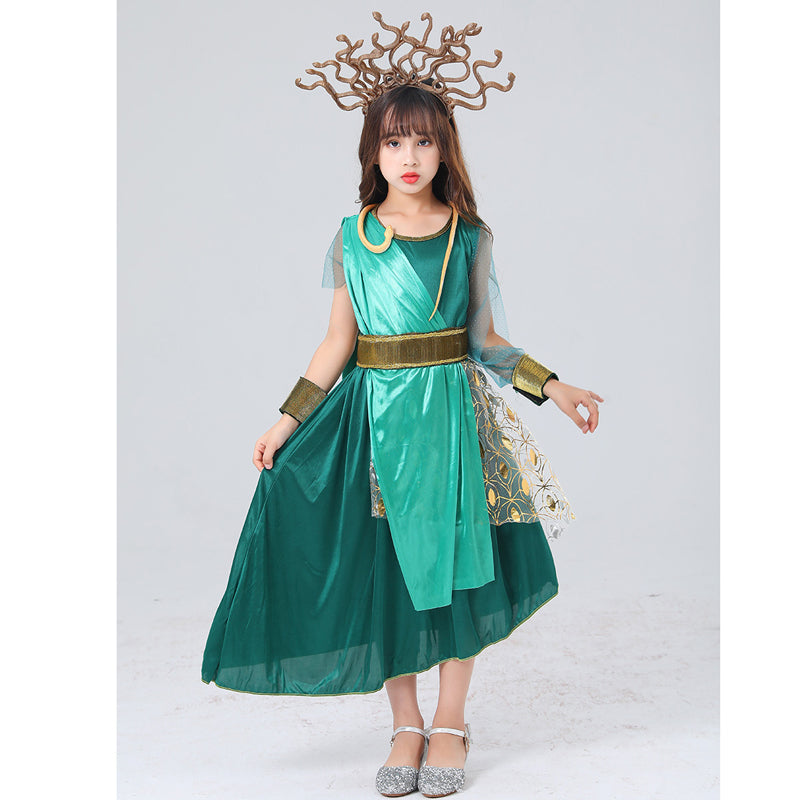 2023 Child Ancient Greek Mythology Snake Hair Banshee Costume Girls Medusa Green Dress Halloween Costumes