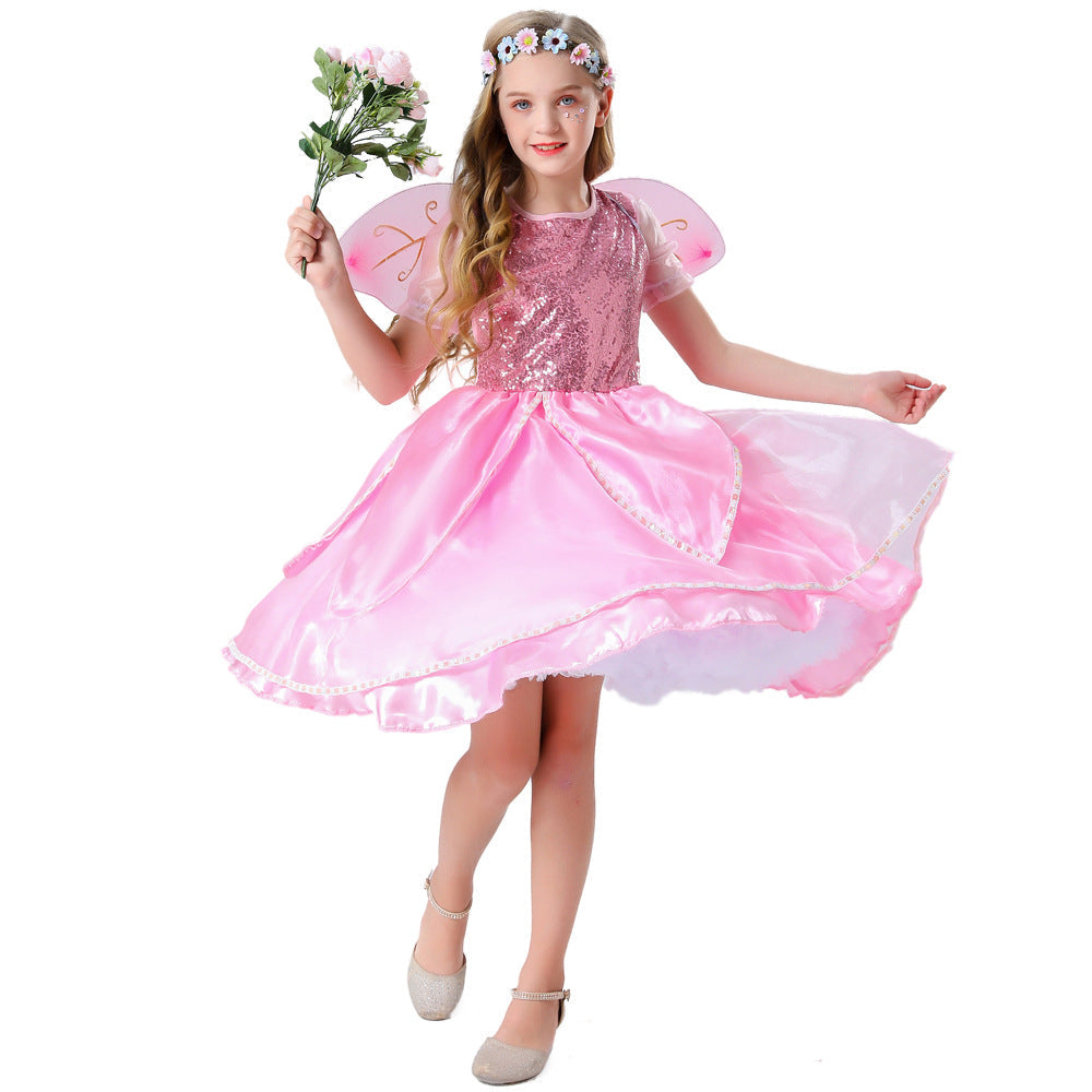 2023 Child Elf Princess Costume Girls Pink Flower Fairy Costume With Wings Fairy Godmother Cosplay Performance Costume