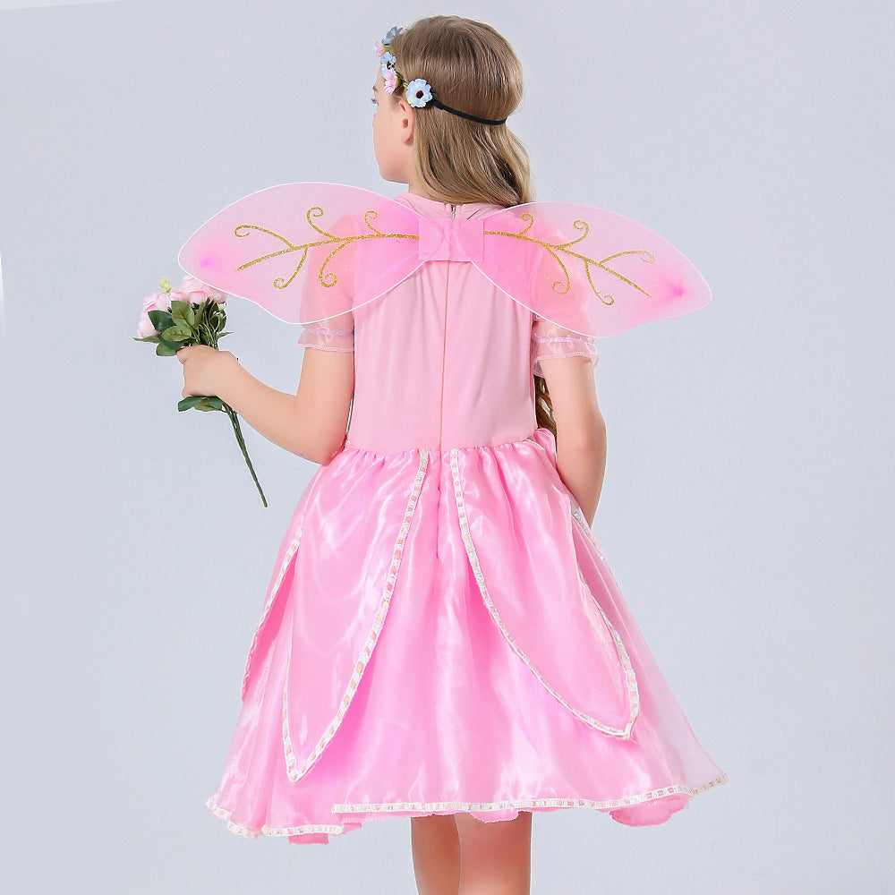 2023 Child Elf Princess Costume Girls Pink Flower Fairy Costume With Wings Fairy Godmother Cosplay Performance Costume