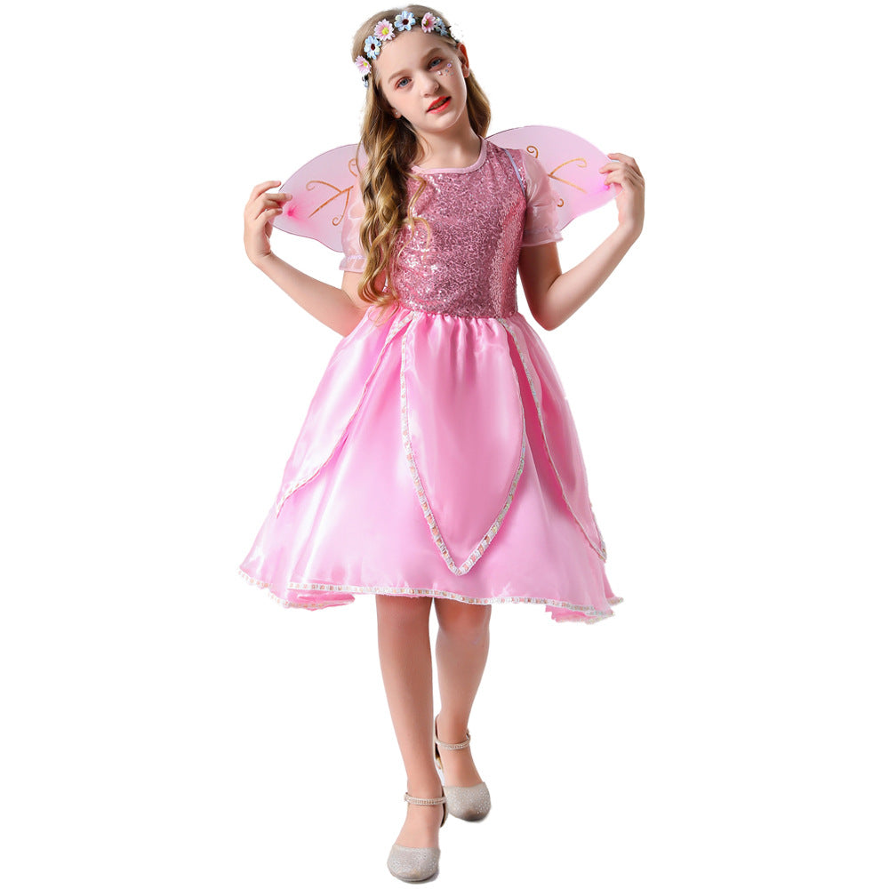 2023 Child Elf Princess Costume Girls Pink Flower Fairy Costume With Wings Fairy Godmother Cosplay Performance Costume