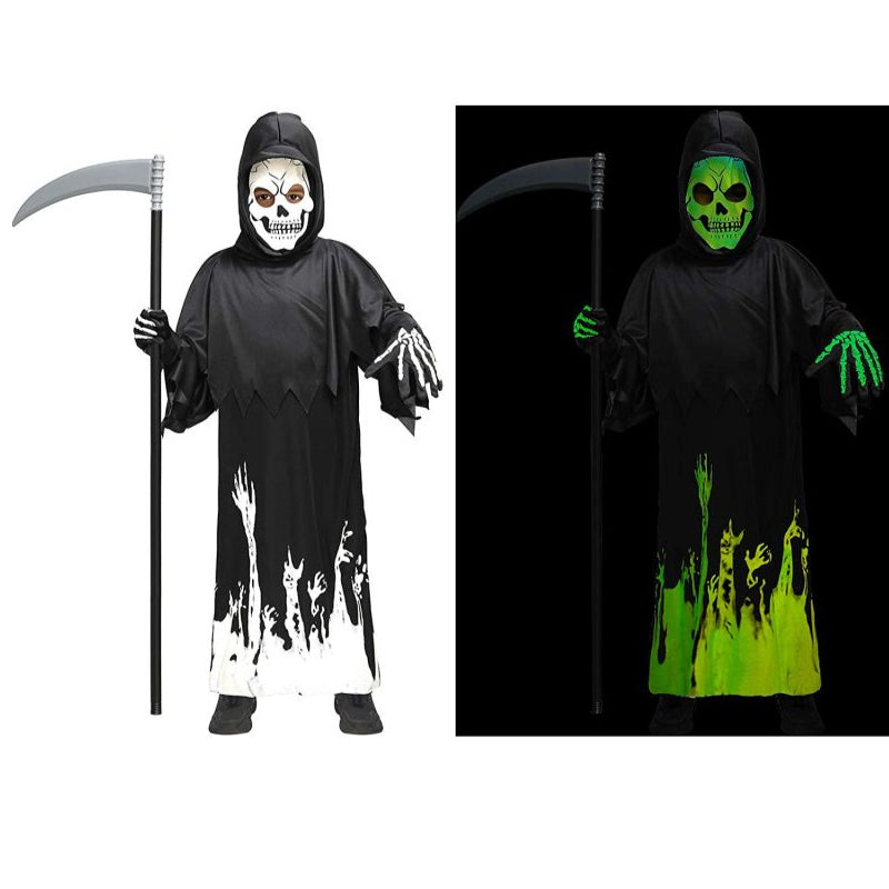 2023 Glow in the Dark Grim Reaper Costume Kids Halloween Party Cosplay Death Costume and Scythe Props
