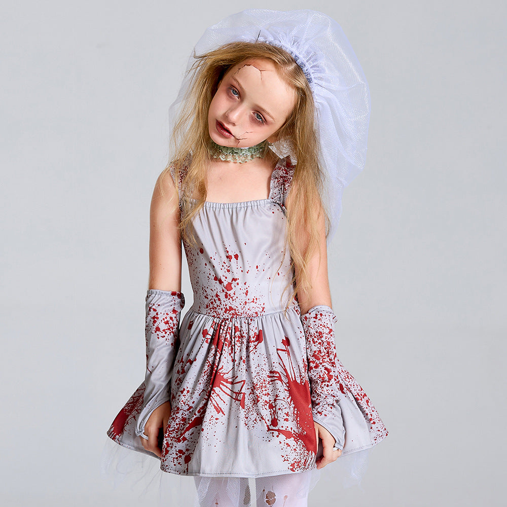 2023 Halloween Costume Child Scary Gray Bloodstained Ghost Bride Costume Girl's Masquerade Dress Sling Tutu