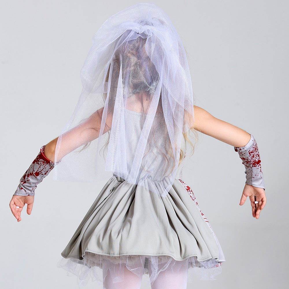 2023 Halloween Costume Child Scary Gray Bloodstained Ghost Bride Costume Girl's Masquerade Dress Sling Tutu