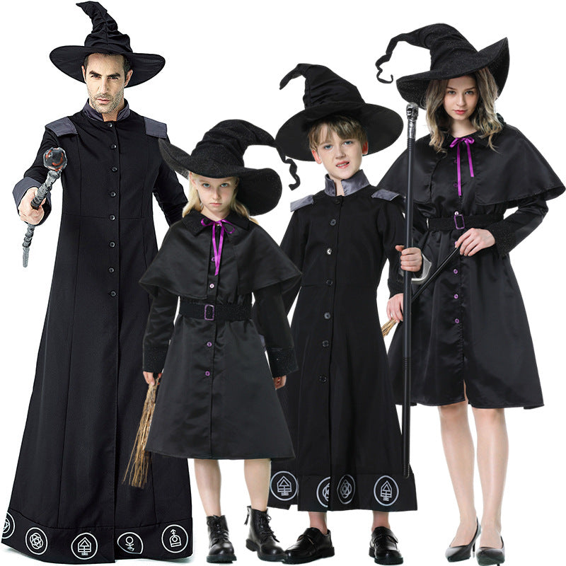 2023 Halloween Costumes Black Robe Wizard Witch Costume Family Matching Costume for Women Men Kids