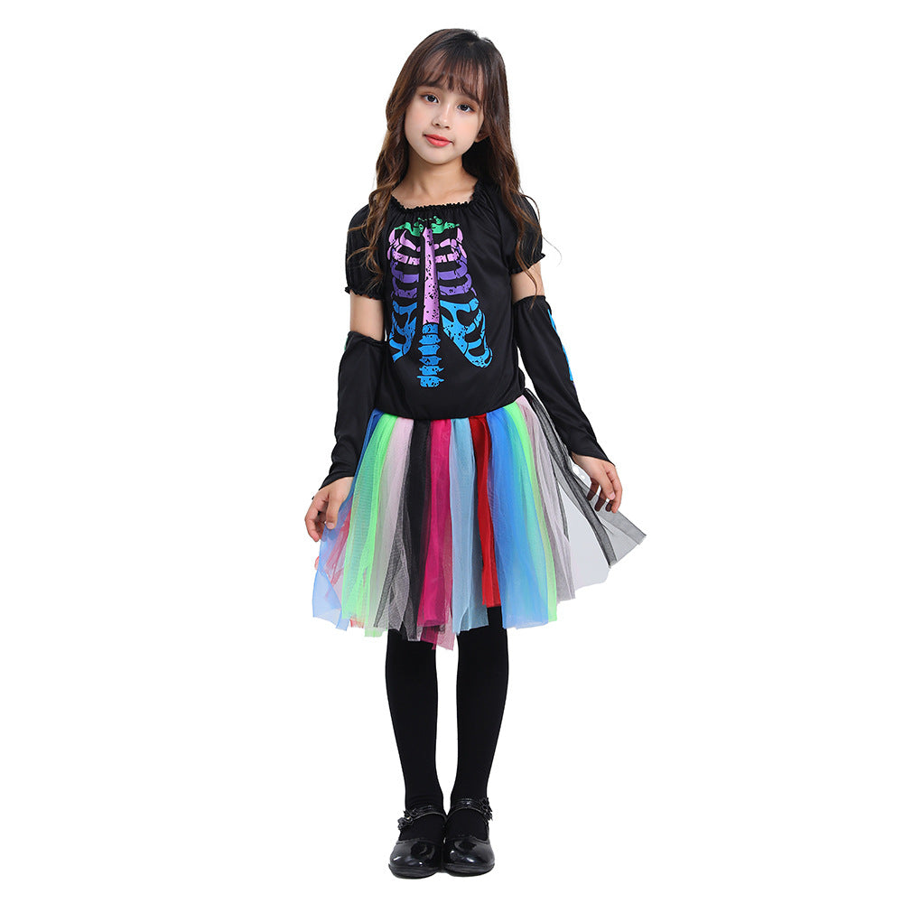 2023 Halloween Kids Colorful Neon Skeleton Costume School Party Halloween Girls Mesh Dress Costume