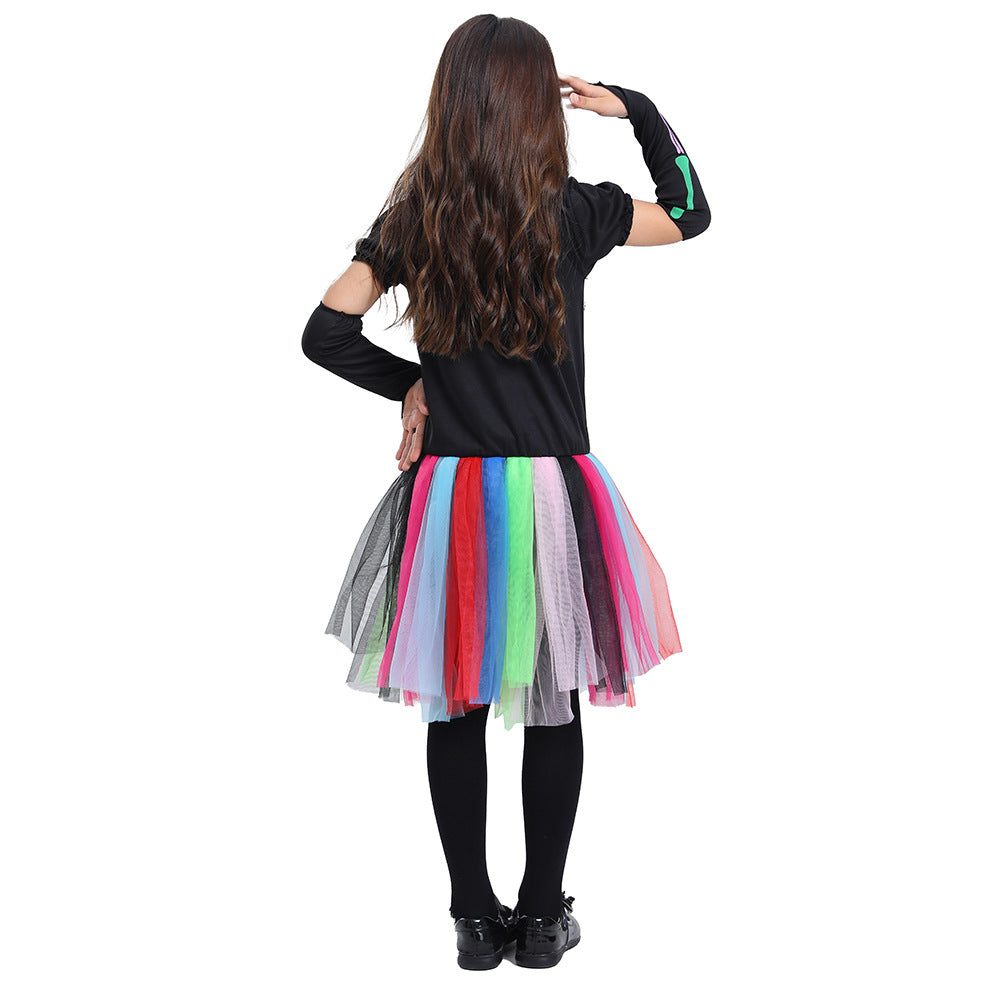 2023 Halloween Kids Colorful Neon Skeleton Costume School Party Halloween Girls Mesh Dress Costume