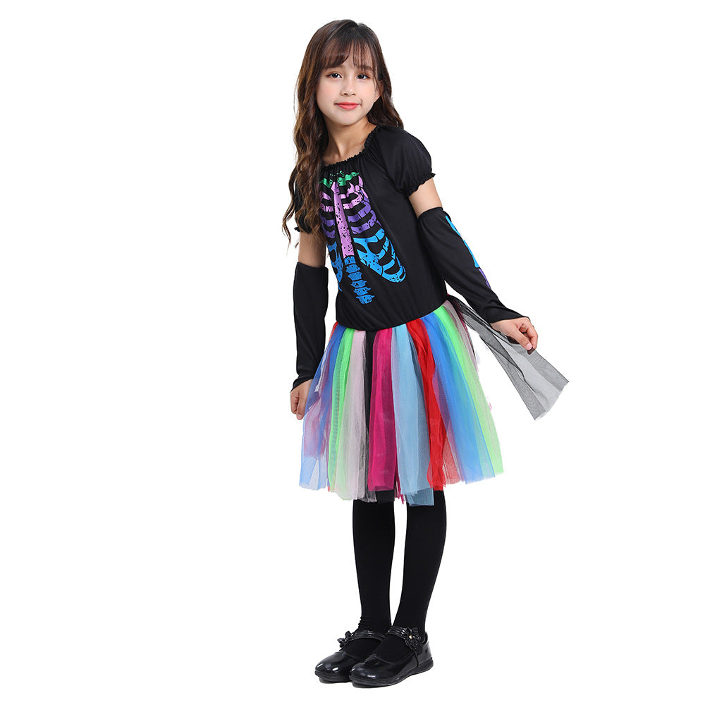 2023 Halloween Kids Colorful Neon Skeleton Costume School Party Halloween Girls Mesh Dress Costume