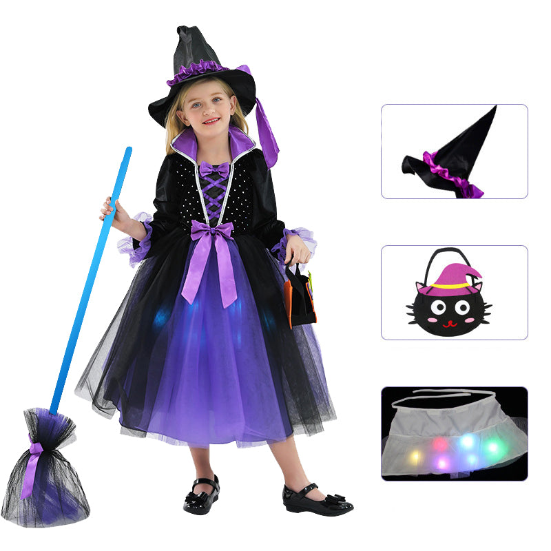 2023 Halloween Kids Costume Girls Wizard Glow Purple Dress Witch Princess Mesh Dress Performance Costume