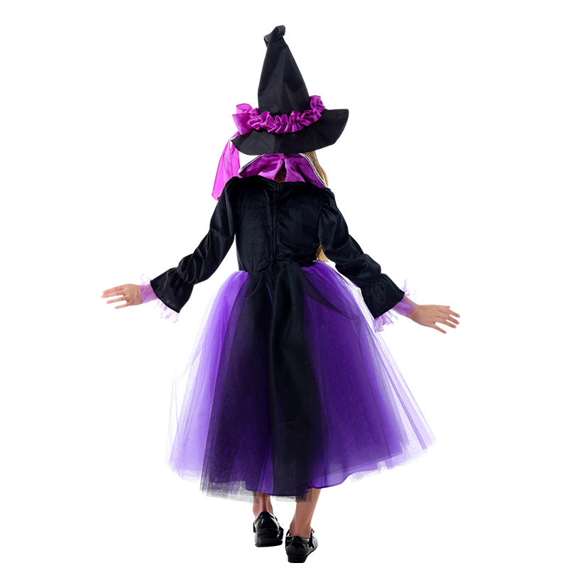 2023 Halloween Kids Costume Girls Wizard Glow Purple Dress Witch Princess Mesh Dress Performance Costume