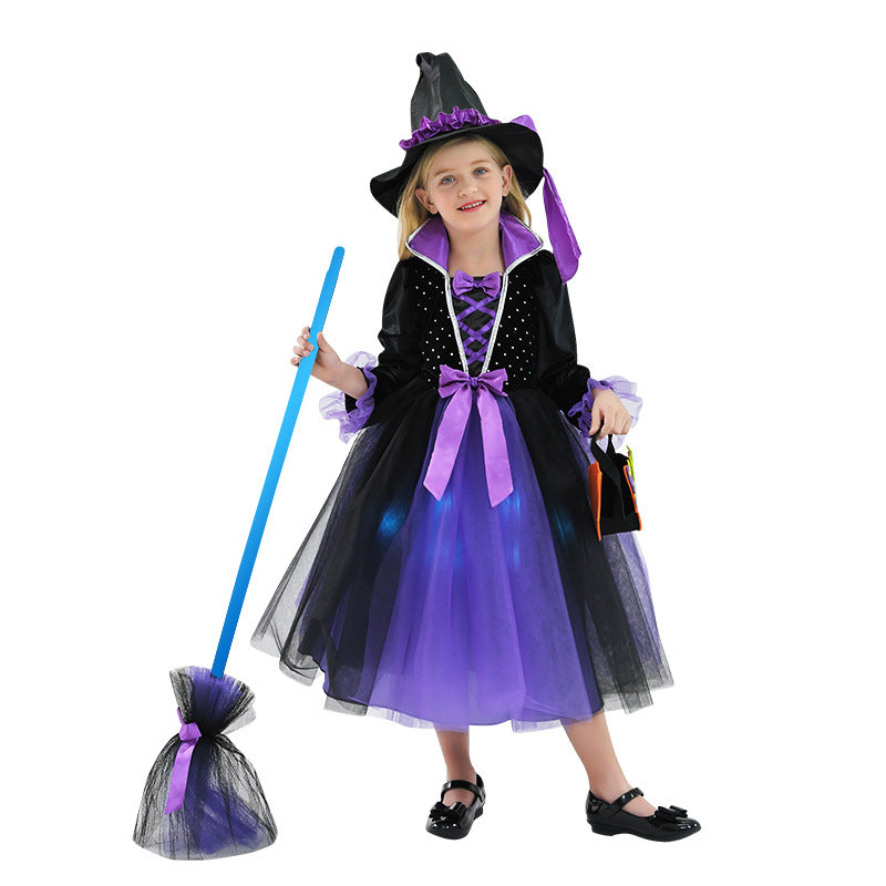 2023 Halloween Kids Costume Girls Wizard Glow Purple Dress Witch Princess Mesh Dress Performance Costume