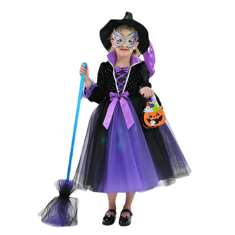 2023 Halloween Kids Costume Girls Wizard Glow Purple Dress Witch Princess Mesh Dress Performance Costume