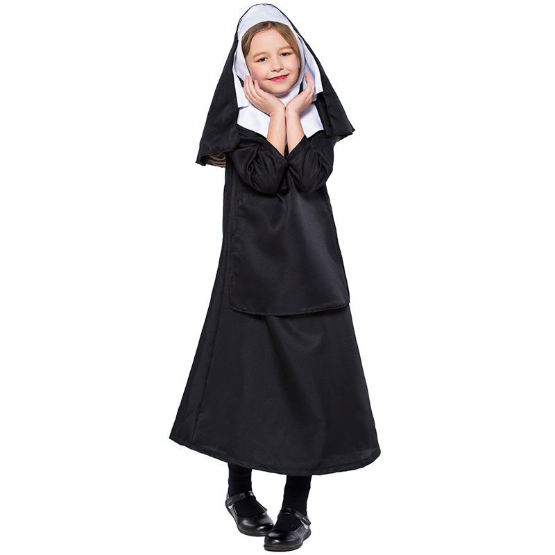 2023 Halloween Kids Girls Black Nun Cosplay Costume Halloween Carnival Drama Performance Costume