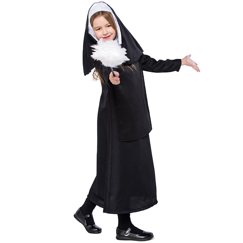 2023 Halloween Kids Girls Black Nun Cosplay Costume Halloween Carnival Drama Performance Costume