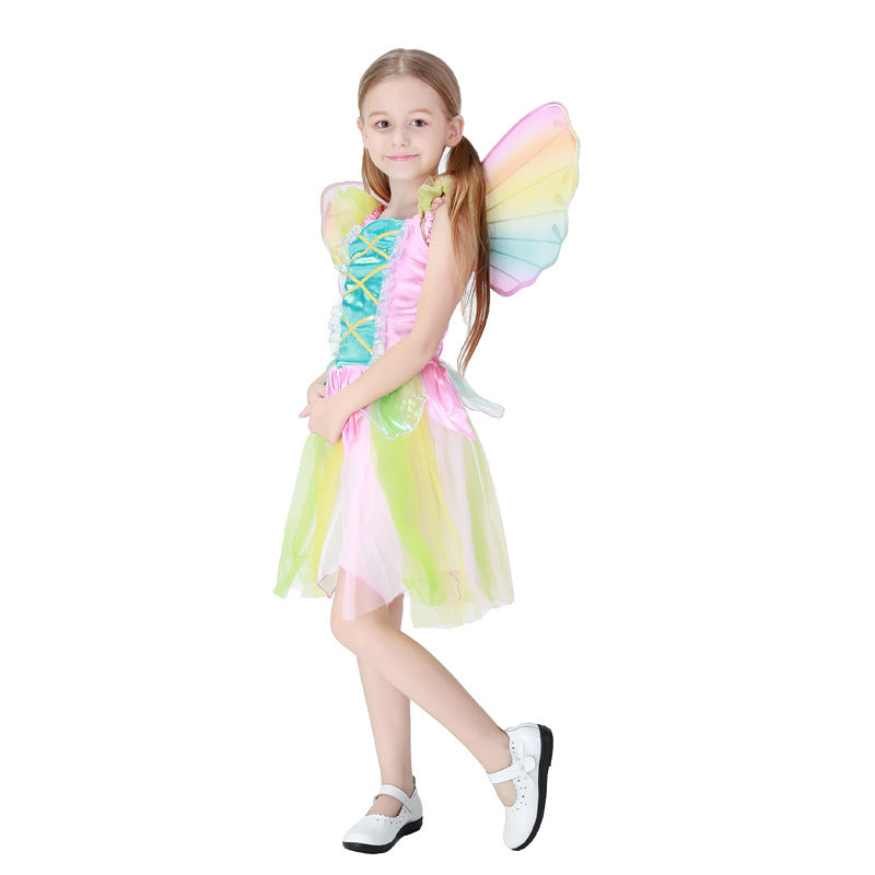 2023 Kids Cute Rainbow Angel Dress Costume Halloween Girls Princess Dress With Wings Stage Performance Costumes