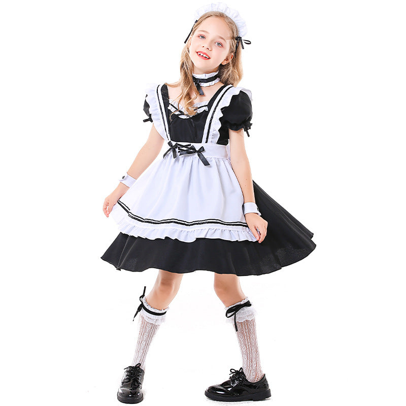 2023 Kids Girls Maid Costume Black and White Maid Dress Costume For Halloween Stage Perfomance Costume