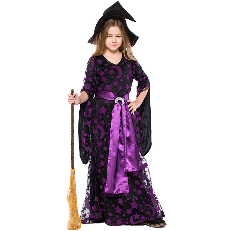 2023 Kids Girls Purple Witch Costume Purple Star and Moon Printed Witch Long Dresses Stage Performance Costumes