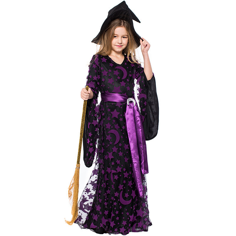 2023 Kids Girls Purple Witch Costume Purple Star and Moon Printed Witch Long Dresses Stage Performance Costumes