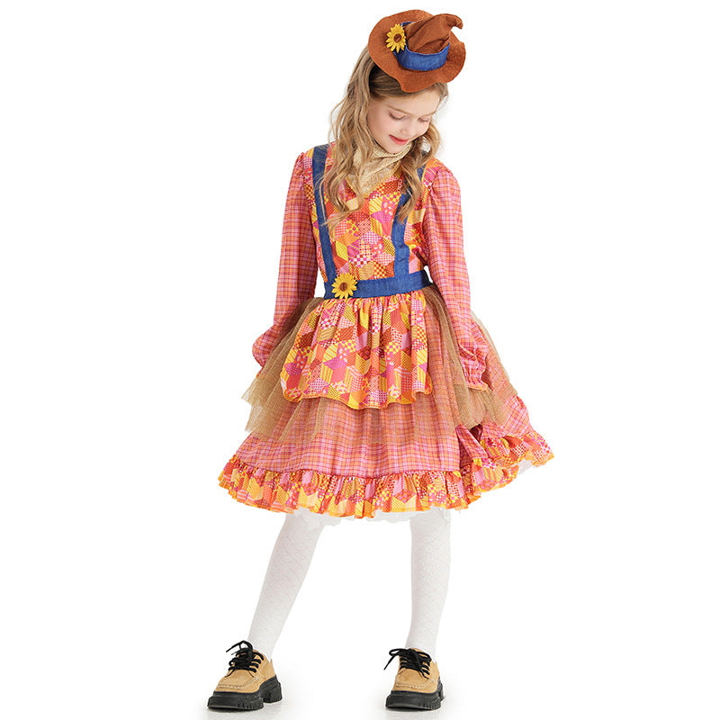 2023 Kids Girls Scarecrow Dress Costume For Halloween Carnival Child Stage Performance Costume