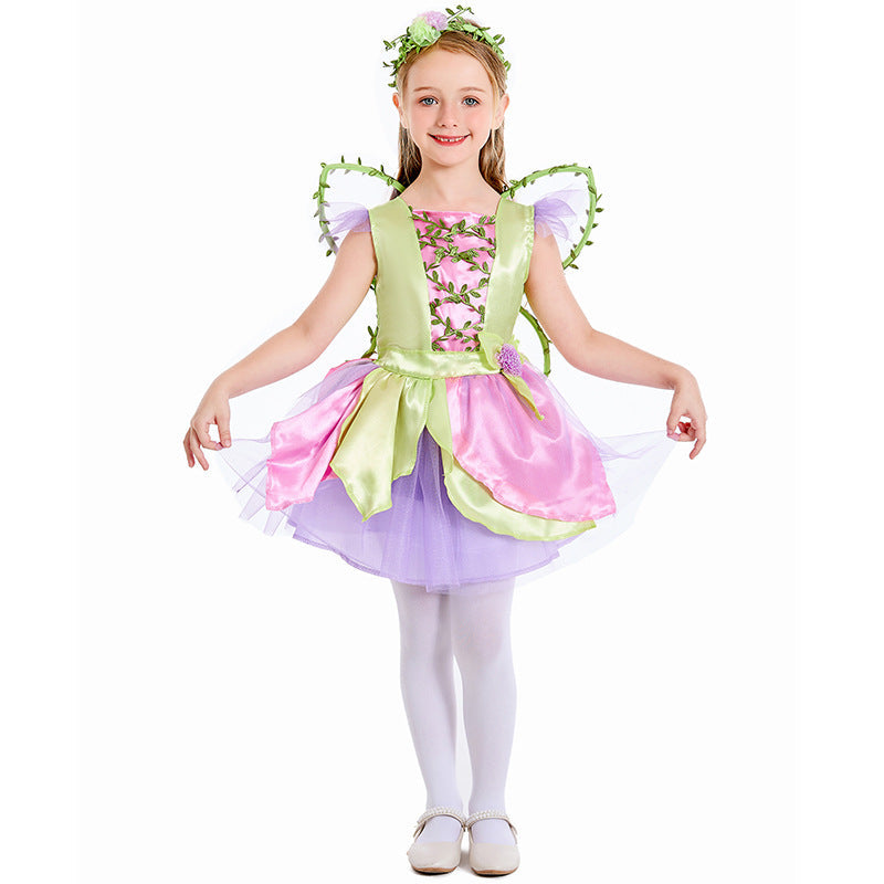 2023 Kids Halloween Butterfly Wings Princess Dress With Wings Costume Girls Pink Flower Fairy Stage Costume