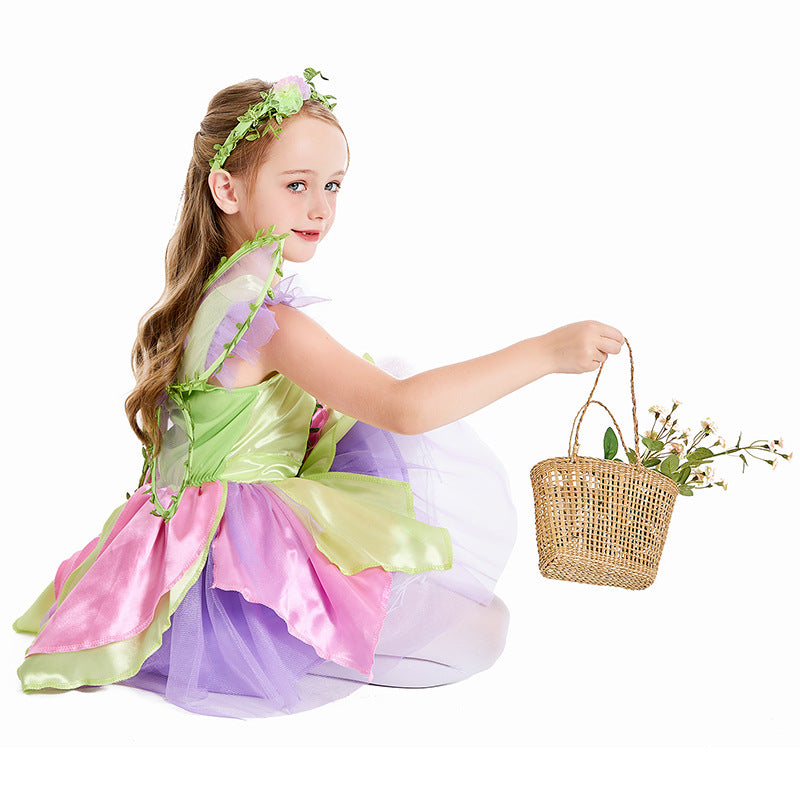 2023 Kids Halloween Butterfly Wings Princess Dress With Wings Costume Girls Pink Flower Fairy Stage Costume