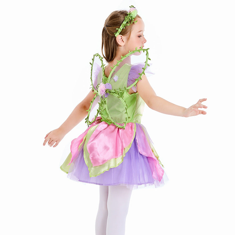 2023 Kids Halloween Butterfly Wings Princess Dress With Wings Costume Girls Pink Flower Fairy Stage Costume