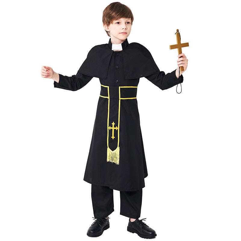 2023 Kids Halloween Costume Girls Boys Black Robe Priest Costume Choir Stage Performance Costume