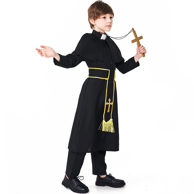 2023 Kids Halloween Costume Girls Boys Black Robe Priest Costume Choir Stage Performance Costume