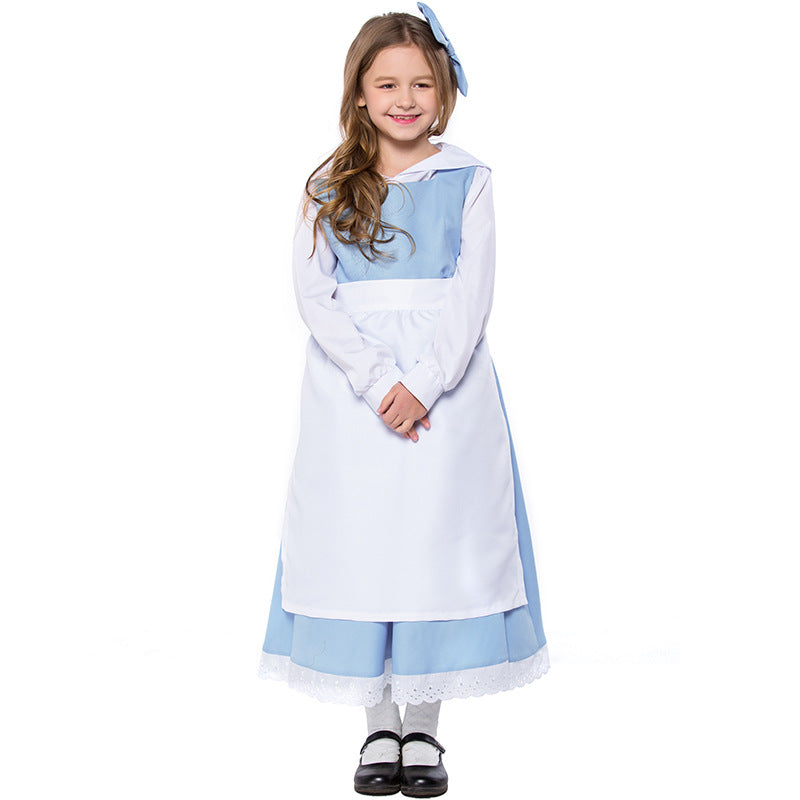 2023 Kids Halloween Costumes Belle Blue and White Dress Costume Girls Halloween Stage Performance Costume