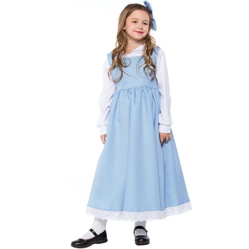 2023 Kids Halloween Costumes Belle Blue and White Dress Costume Girls Halloween Stage Performance Costume