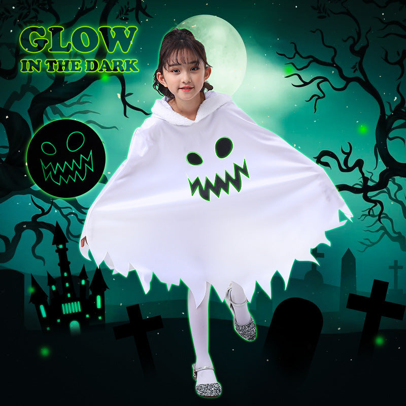 2023 Kids White Ghost Costume Glow-in-the-Dark Ghostface Cape Girls Boys Halloween Cosplay Party Dressup Costumes