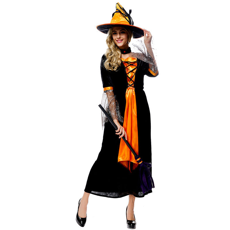 Orange Black Spider Net Witch Cosplay Costume Halloween/Stage Performance/Party
