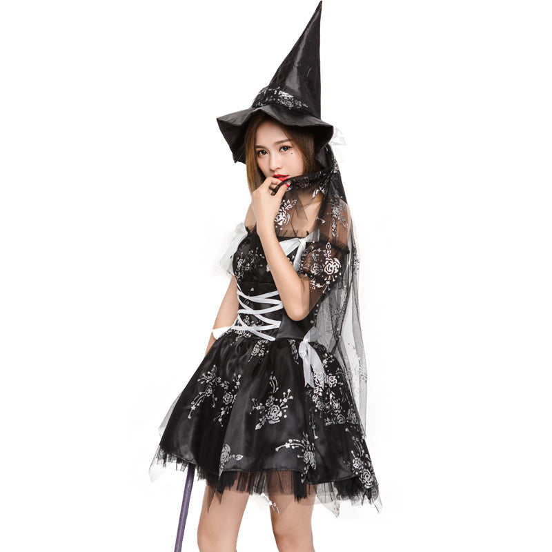 Black Rose Printed Pouf Witch Cosplay Costume Halloween/Stage Performance/Party