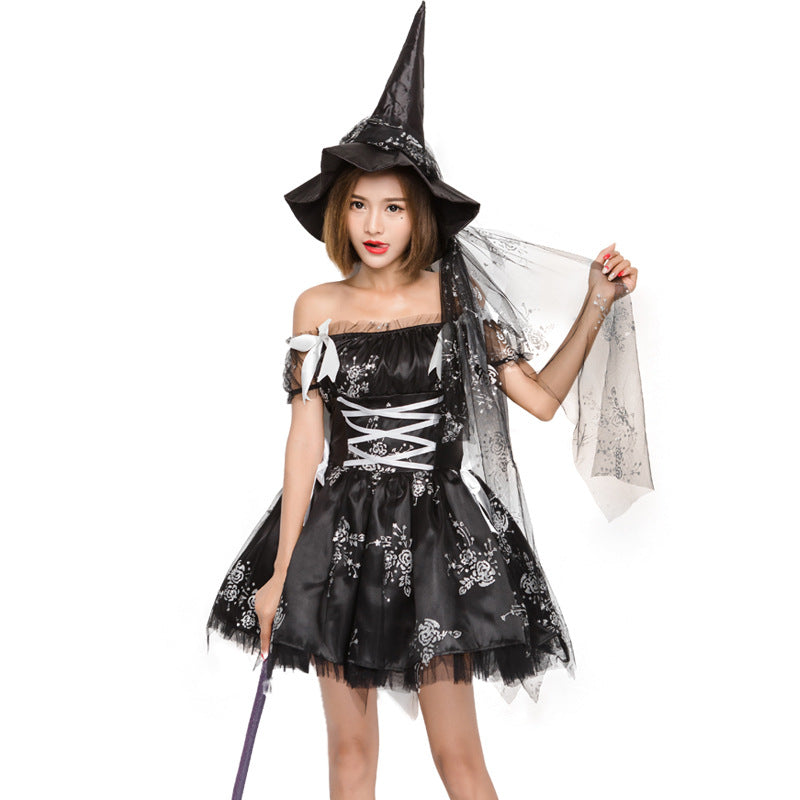 Black Rose Printed Pouf Witch Cosplay Costume Halloween/Stage Performance/Party