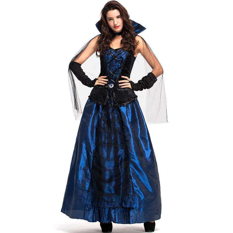 Adult Women Blue European Vintage Court Queen Dress Costume For Halloween/Stage Performance/Party