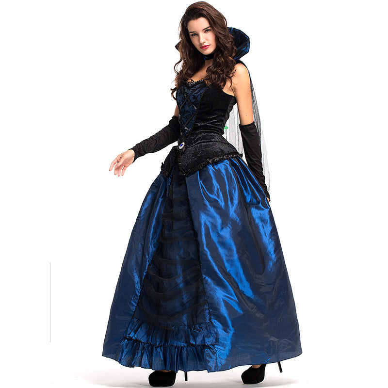 Adult Women Blue European Vintage Court Queen Dress Costume For Halloween/Stage Performance/Party