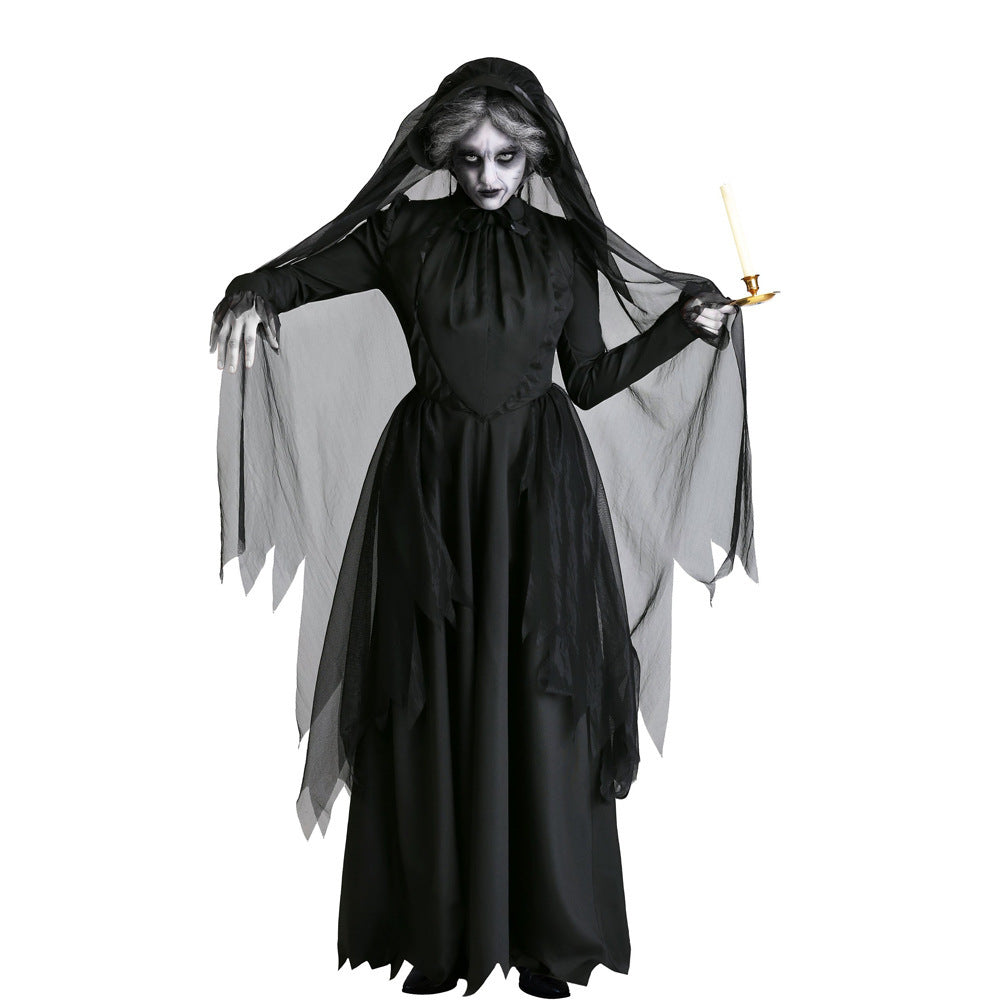 Adult Women's Black Dark Witch Costume Ghost Bride Halloween Cosplay Costume Dress