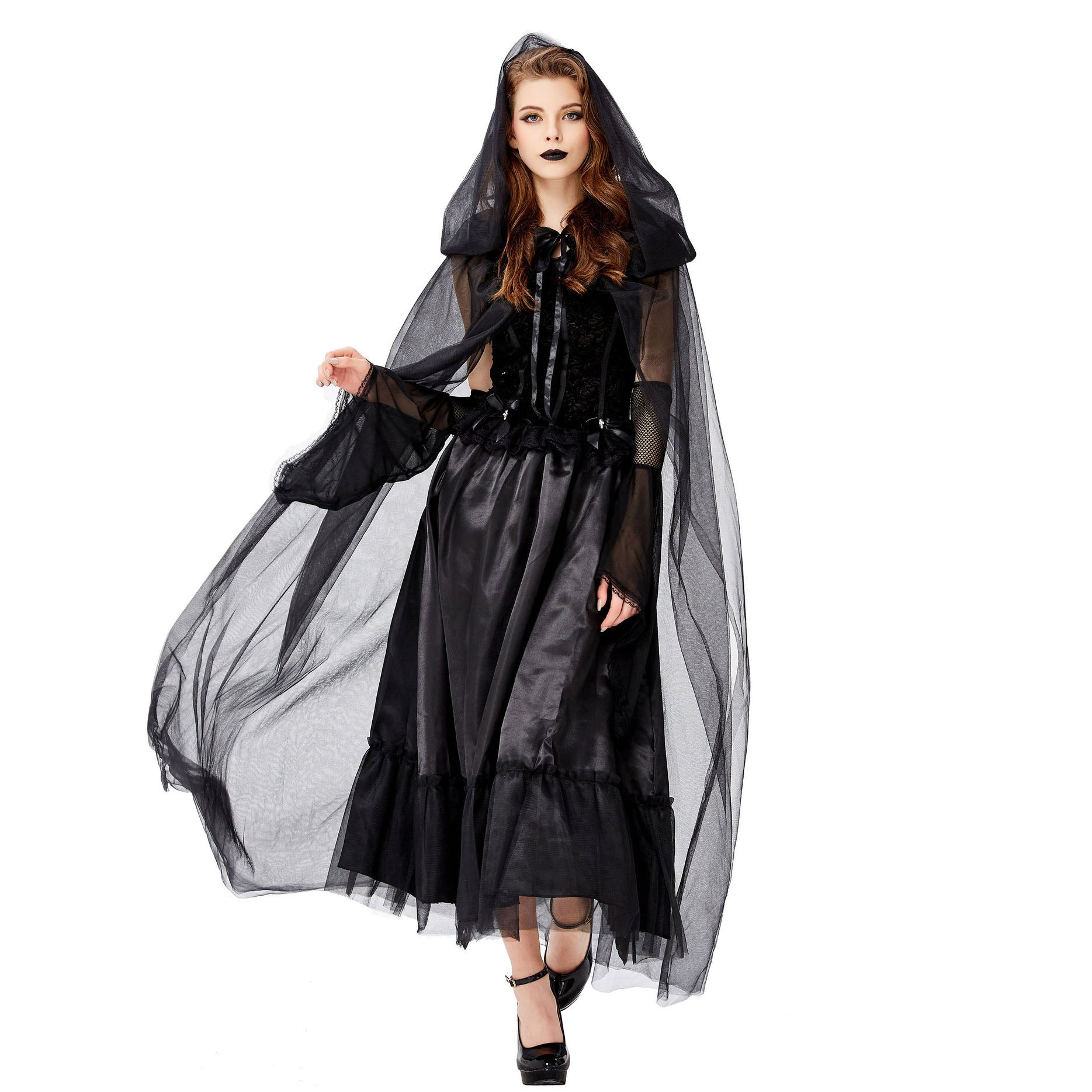 Adult Women's Black Vampire Witch Ghost Bride Halloween Cosplay Costume Dress