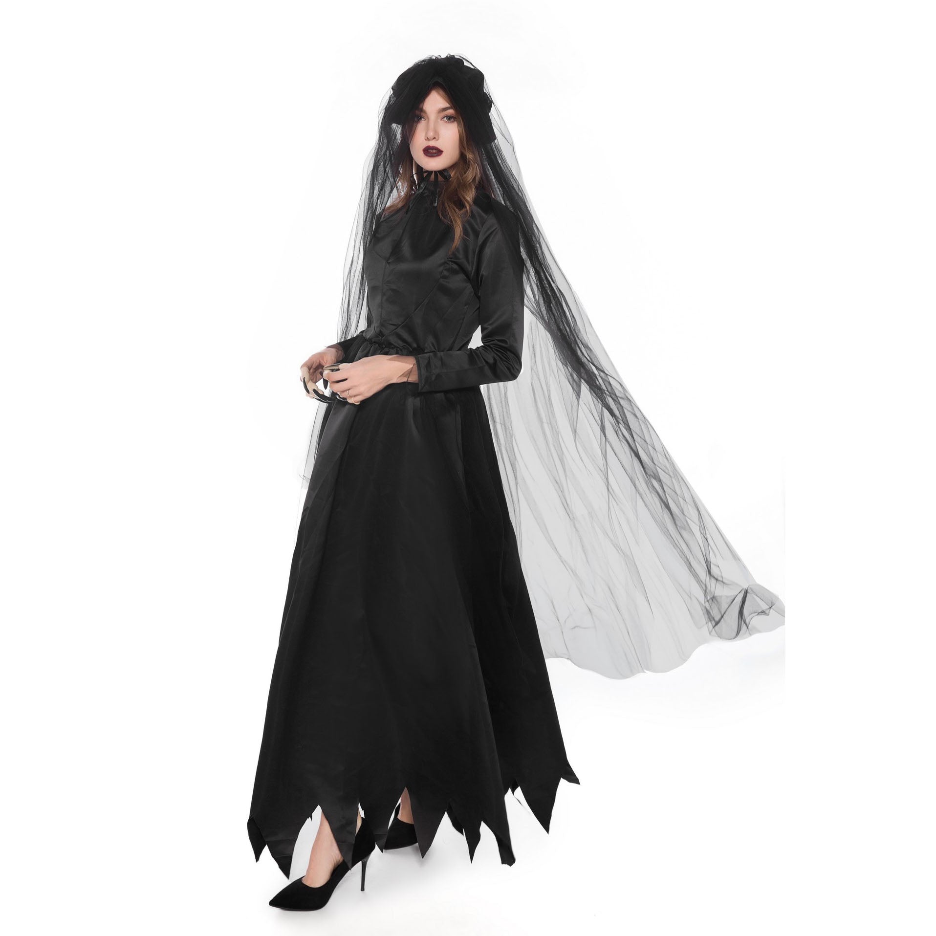 Adult Women's Black Witch Ghost Bride Halloween Cosplay Costume Dress
