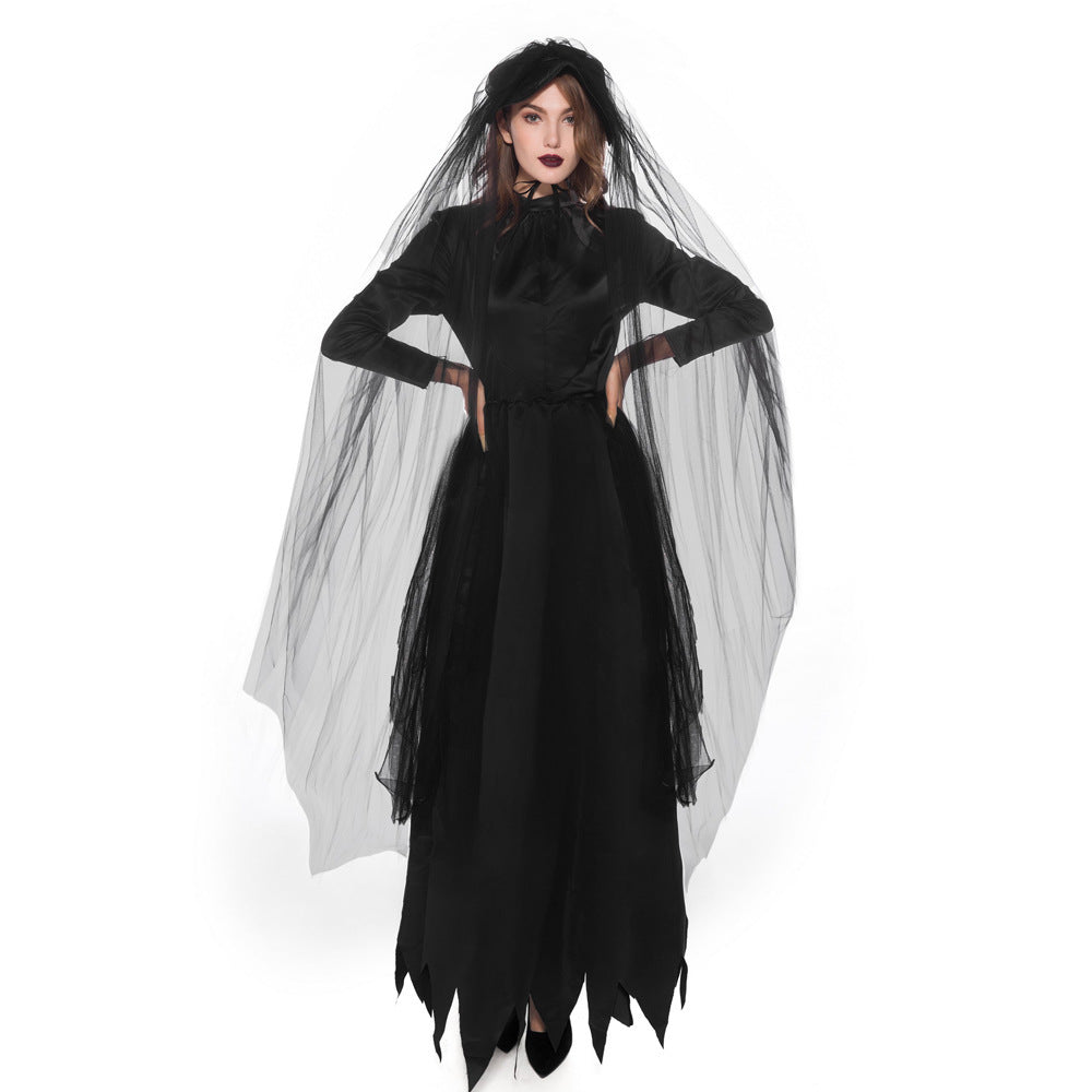 Adult Women's Black Witch Ghost Bride Halloween Cosplay Costume Dress
