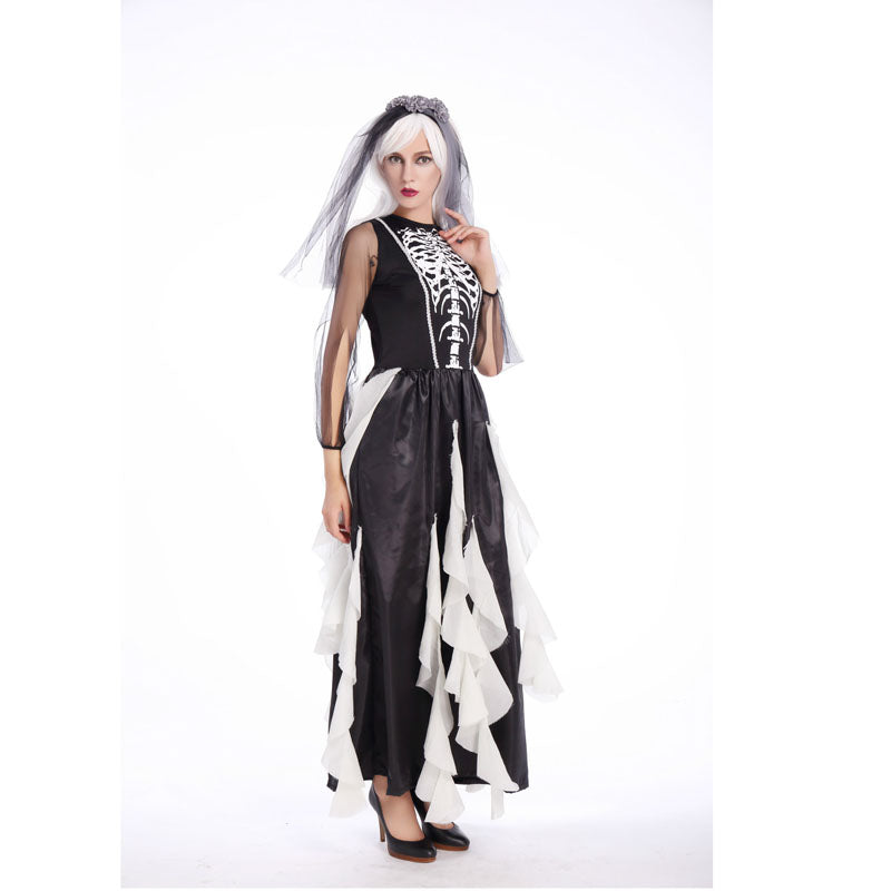 Adults Women Black and White Skeleton Bride Wedding Dress Halloween Cosplay Costume