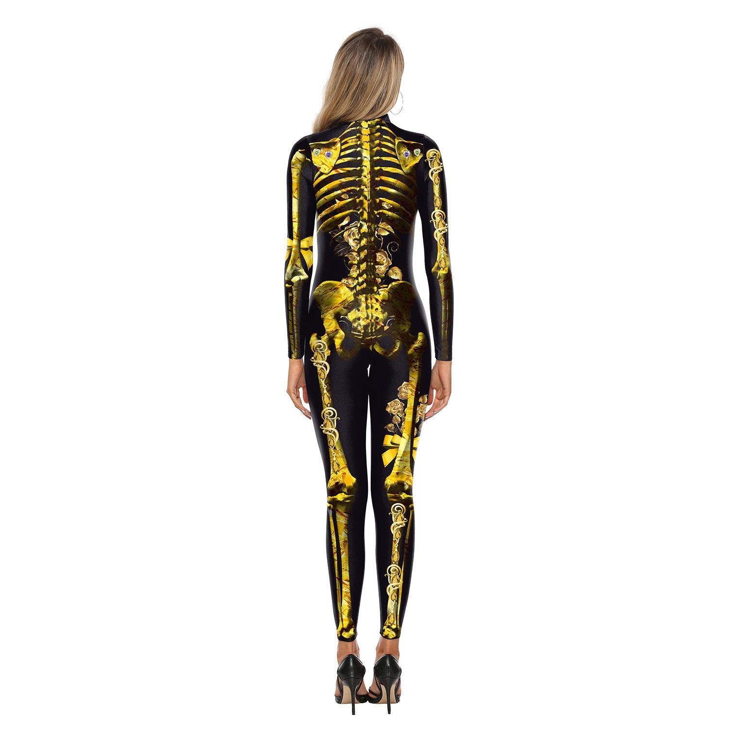 Adults Women Golden Skeleton Bride Halloween Cosplay Costume Jumpsuit