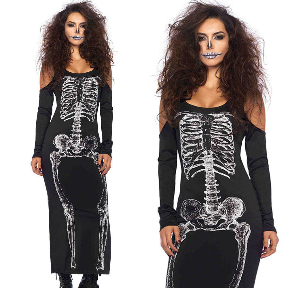 Adults Women Sexy Off Shoulder Skeleton Halloween Cosplay Costume Long Dress