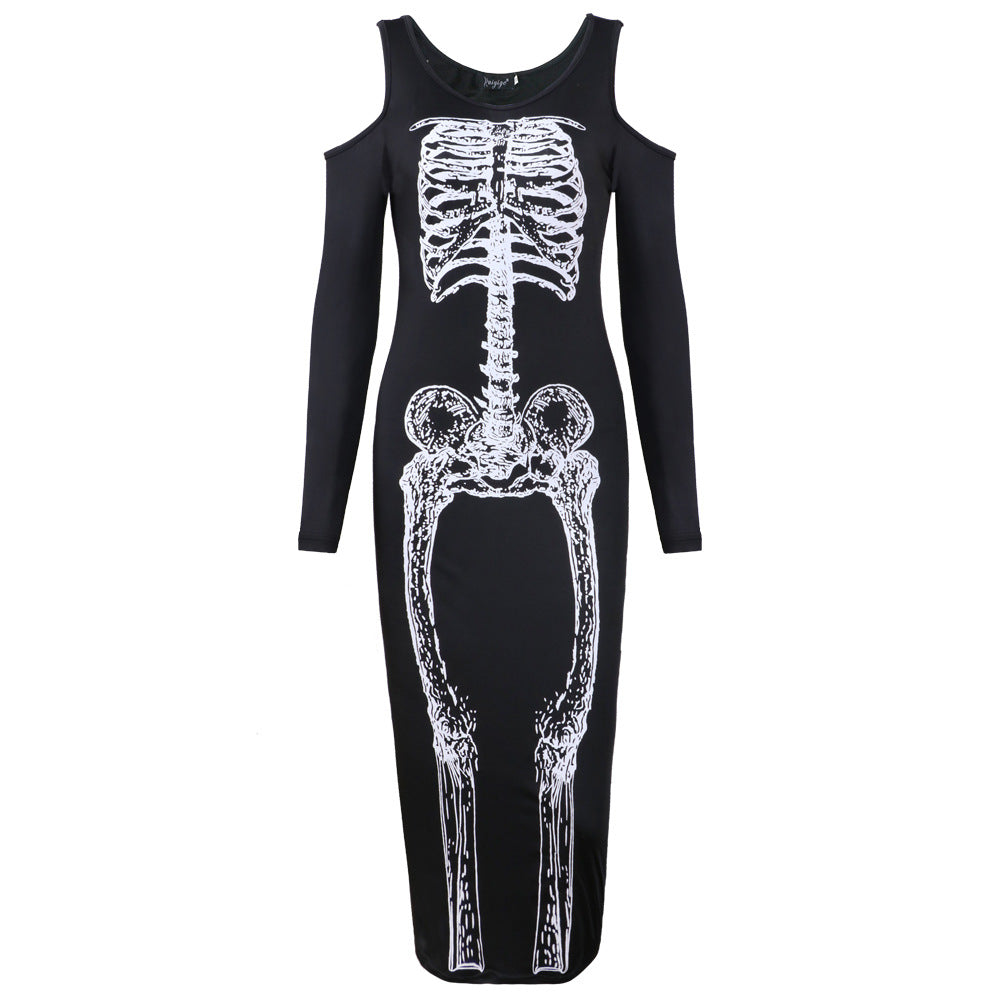 Adults Women Sexy Off Shoulder Skeleton Halloween Cosplay Costume Long Dress